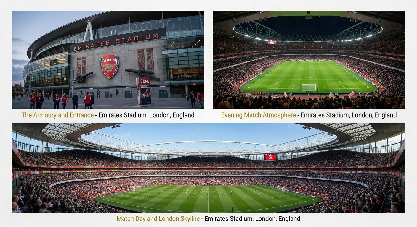 Three-panel view of Emirates Stadium in London, showing the exterior main entrance with the Arsenal crest, a floodlit evening match interior, and a wide panoramic view of the crowded stadium during match day.