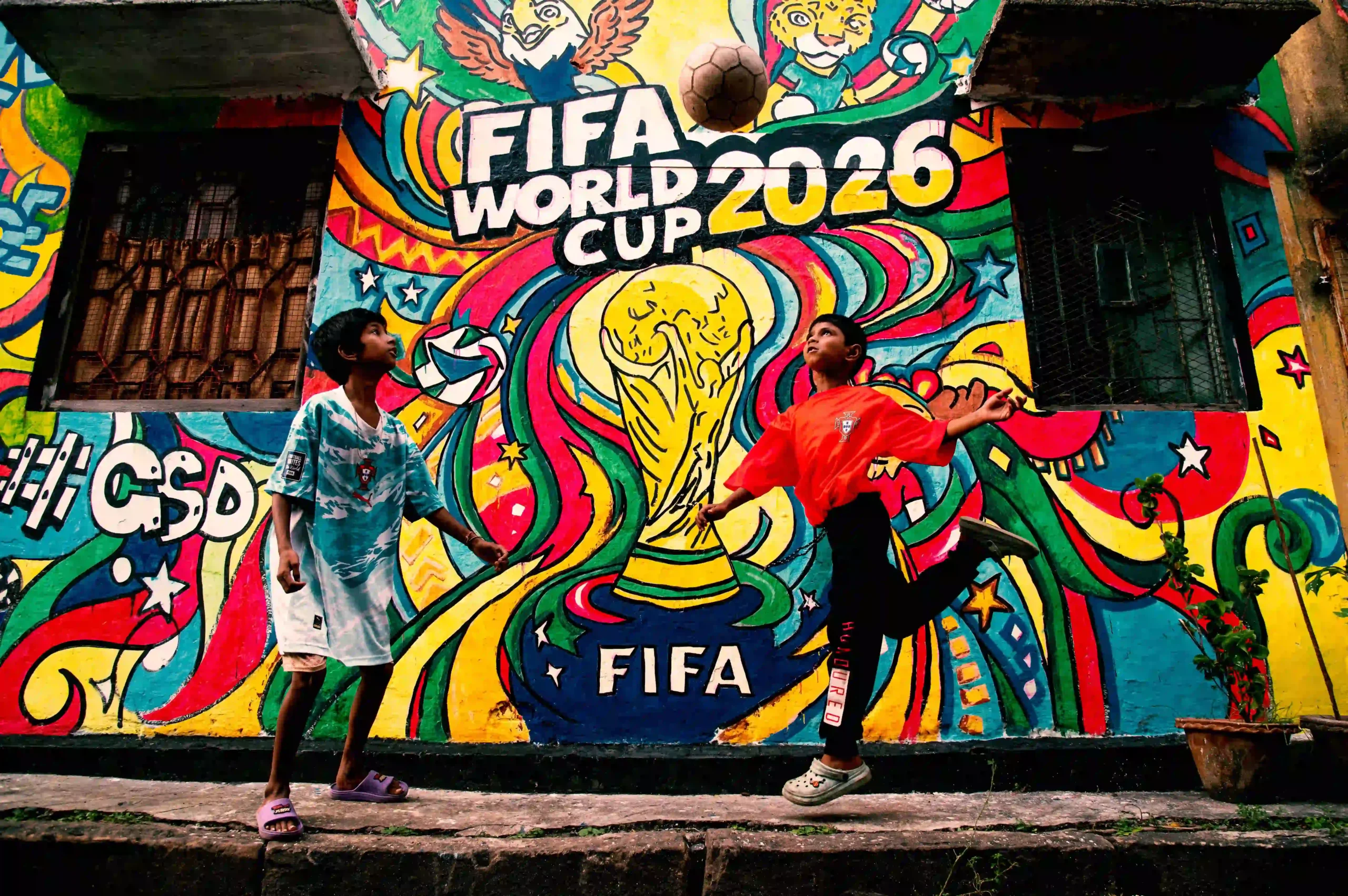 two kids playing infront of FIFA world cup 2026 paintings