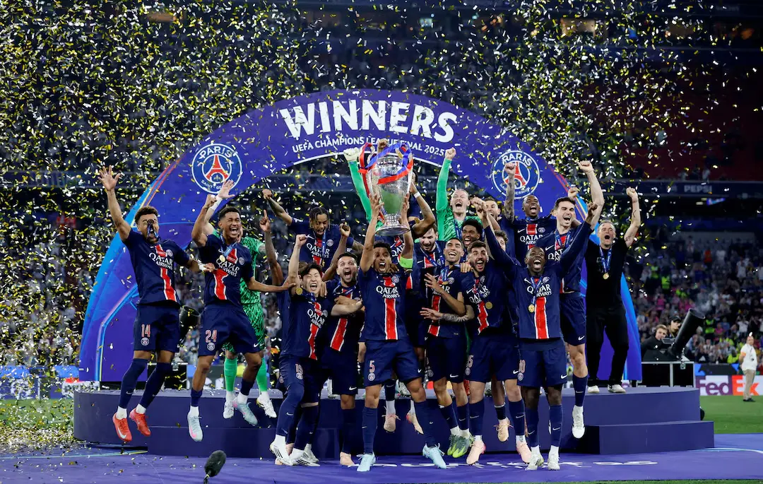 PSG celebrating winning the champions league