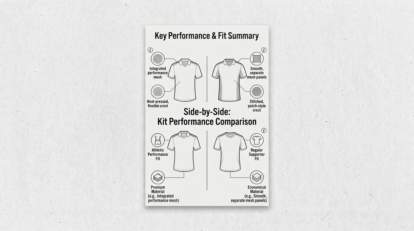 Soccer jersey size and fit guide showing structural differences between athletic performance fit and regular supporter fit.